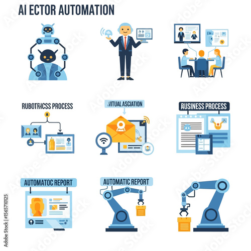 AI-powered automation depicted in various business processes, from robotics to virtual assistance.
