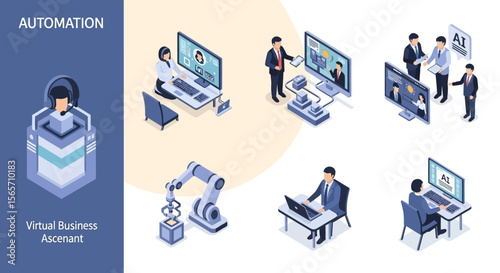Isometric illustration depicting automation, virtual business, and online meetings with people and robotic arms.