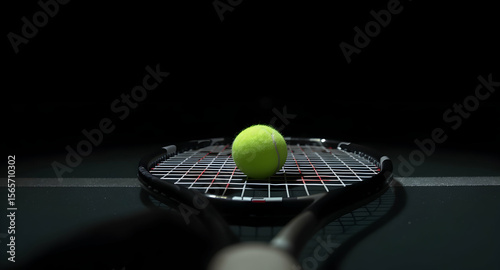 Tennis ball on racquet dark background