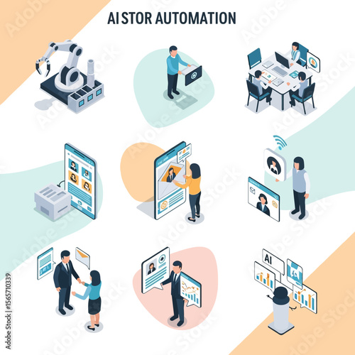 Isometric illustration depicting AI store automation with robotic arms, employees, and digital interfaces for efficient operations.