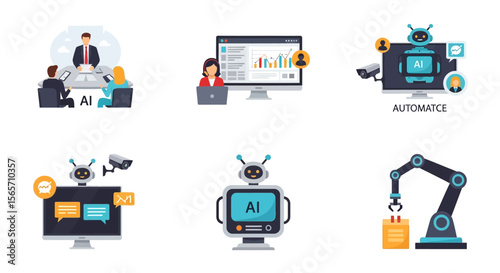 AI-powered automation solutions transforming business operations, showcasing robotic process automation and data analysis.