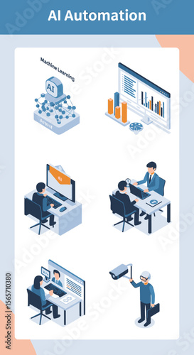 Isometric illustration depicting AI automation with construction, data analysis, office workers, security, and a technician.