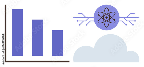 Bar chart showcasing data, atomic icon symbolizing innovation, cloud representing storage, and tech lines. Ideal for analytics, innovation, cloud computing, technology, data science research