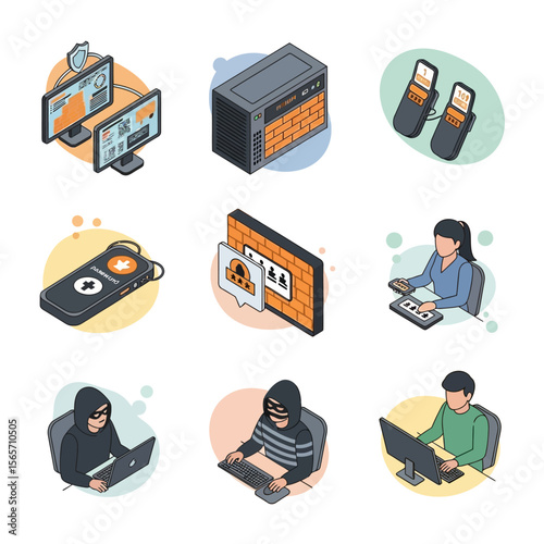 Isometric illustrations depicting various aspects of cybersecurity, including hacking, network security, and data protection.