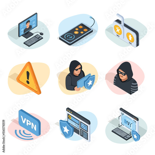 Isometric illustration depicting cybersecurity concepts, including hacking and data protection.