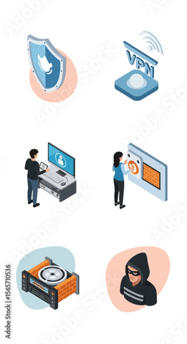 Isometric illustrations of cyber security threats and solutions, including data breaches, VPNs, and protection.