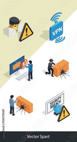 Isometric illustrations depict online security threats, including hacking attempts, data breaches, and the importance of VPN protection.