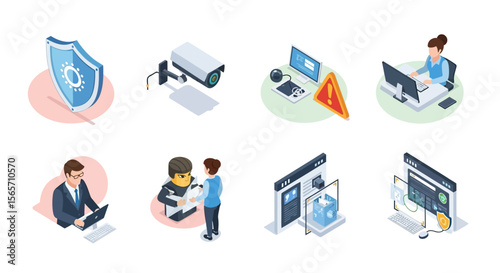 Isometric illustrations depicting various aspects of digital security, surveillance, and data protection.