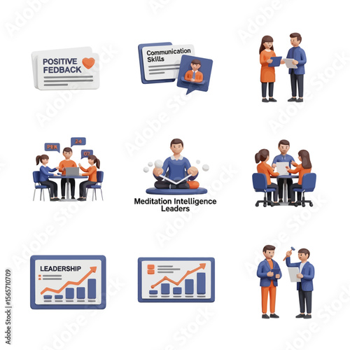 3D illustrations depict teamwork, communication, leadership skills, and positive feedback in a business context.