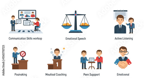 Illustrations depicting various business and interpersonal skills, teamwork, and communication.