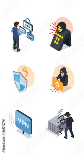 Isometric illustrations depicting various cyber security threats and solutions.