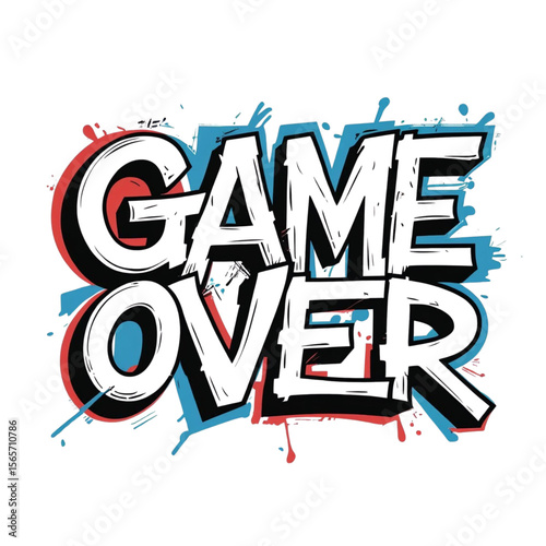 Retro arcade style end screen illustration with game over text and colorful paint splatter design effect on transparent background