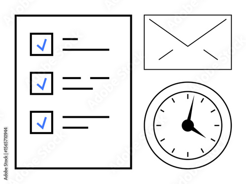 Checklist with marked items, envelope, and clock emphasizing organization, deadlines, communication, planning, productivity, project management. Ideal for business time tracking scheduling task