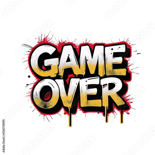 End screen for video game with spray paint effect and text that says the end of the level or match is over on transparent background