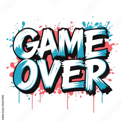Game over text design with graffiti style, colorful splashes and drips for gaming and esports concept art on transparent background