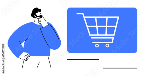 Person thoughtfully looking at a digital shopping cart screen, symbolizing consumer choices, e-commerce. Ideal for online shopping, decision-making, strategy, technology, customer behavior, digital