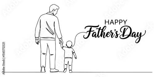 Continuous one line drawing of a father holding hands with a child and handwritten text "Father's Day", suitable for Father's Day greeting cards and posters, line art style vector illustration.