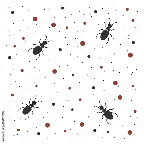 Four silhouette ants are scattered across a white background with red and black dots