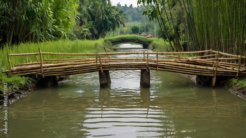 Bamboo bridge over a narrow canal or rice field — local transport setting, surrounded by greenery 3