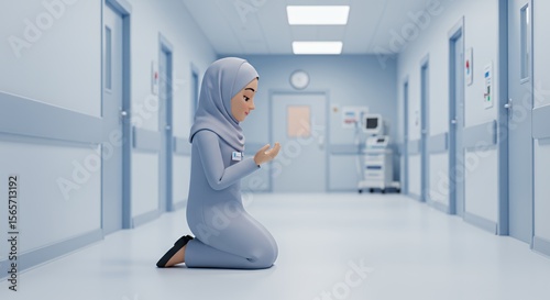 A Muslim healthcare worker takes a moment of quiet prayer in a serene hospital corridor, finding peace amidst her duties.