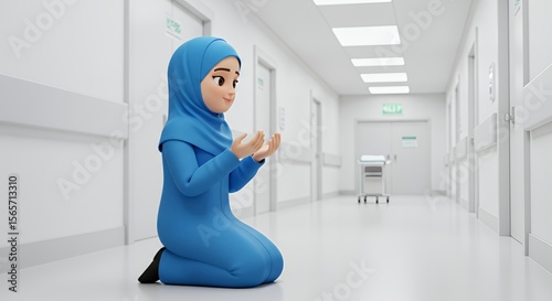 Young woman in hijab prays peacefully in a sterile hospital corridor, seeking solace and strength.