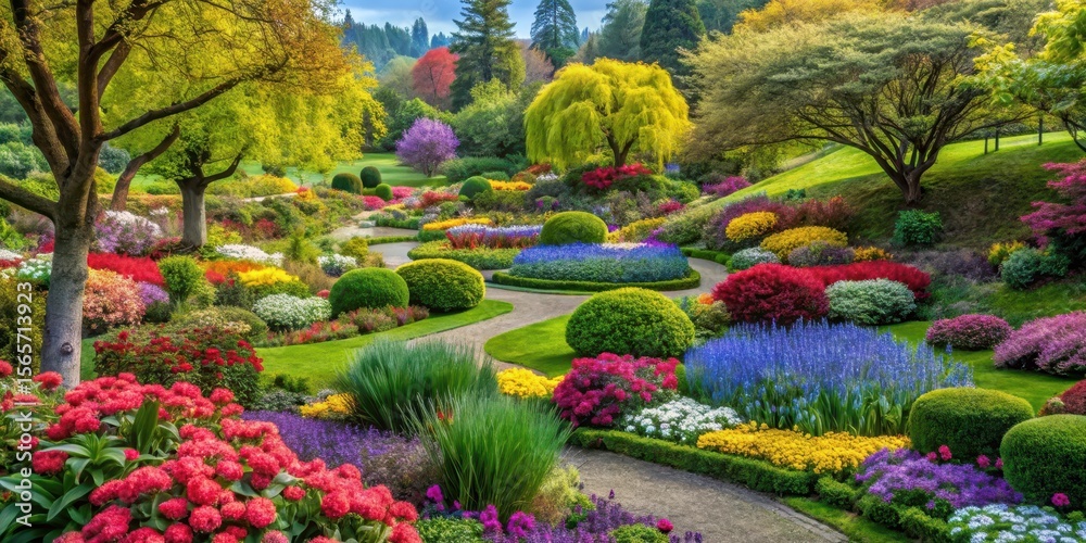 Obraz premium Whimsical garden at tilted angle view with vibrant flowers and colorful trees