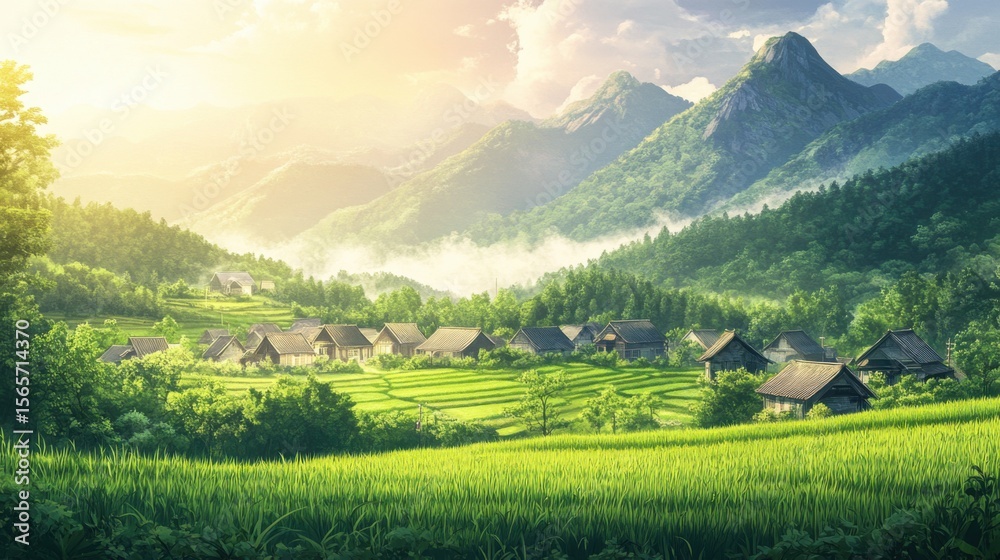 Fototapeta premium Rice Terraces and Sunrise in Picturesque Landscape, Serene Mountain Village