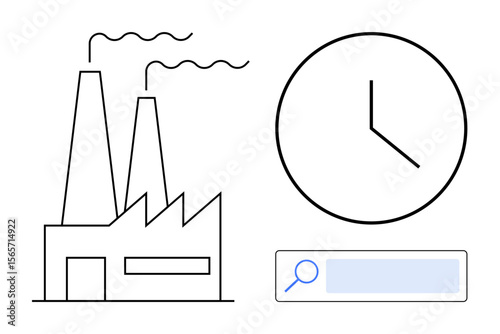 Industrial building emitting smoke, clock symbolizing time, magnifying glass search bar. Ideal for productivity, efficiency, industry, innovation, business, process optimization simple landing page