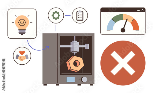 3D printer creating an object, workflow icons for idea, process, and quality assessment, error notification. Ideal for manufacturing, innovation, prototyping, design workflow error management