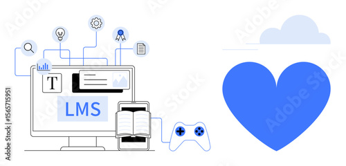 Computer with LMS interface, clipboard, book, tablet, game controller, and icons for innovation. Ideal for education, e-learning, digital tools creativity innovation gamification simple landing