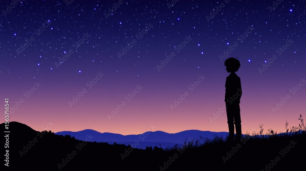 Boy Silhouette Gazing at the Starry Night Sky Over Majestic Mountains Boy Silhouette Gazing at the Starry Night Sky Over Majestic Mountains