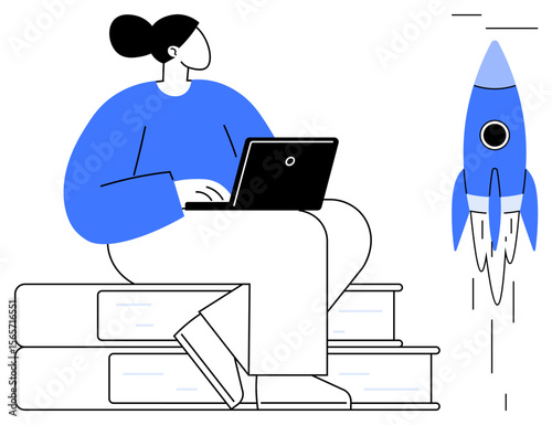 Woman working on a laptop seated on stacked books, alongside a rocket ascending. Ideal for education, creativity, innovation, career growth, startup development, technology empowerment. Simple flat