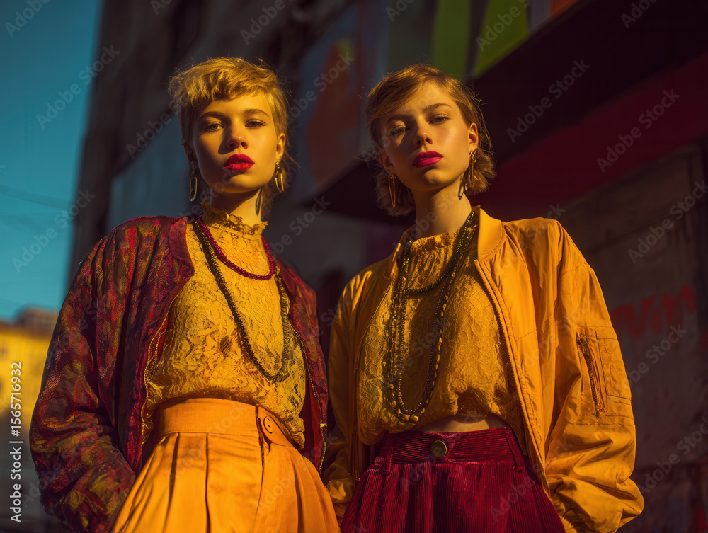 Two young Caucasian women with short hair, wearing vintage clothing and accessories, stand confidently in an urban setting with colorful graffiti in the background. Two young Caucasian women with short hair, wearing vintage clothing and accessories, stand confidently in an urban setting with colorful graffiti in the background.