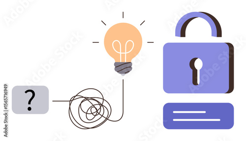 Question mark connected to tangled line, leading to glowing light bulb and padlock. Ideal for creativity, problem-solving, innovation, security, data privacy, brainstorming, and simple flat metaphor