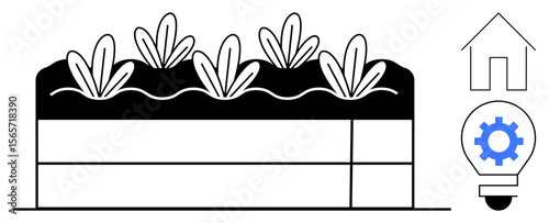 Raised garden beds filled with plants, accompanied by a house and gear in light bulb icons. Ideal for gardening, sustainability, eco-living, farming, innovation, design thinking, and education