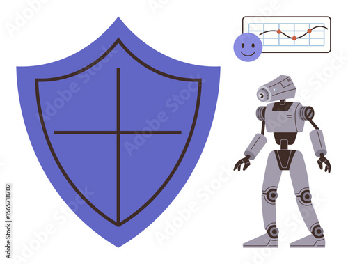 Robot with shield symbolizing cybersecurity, safety, and AI graph and happy face for progress and satisfaction. Ideal for cybersecurity, technology, AI protection, innovation, safety systems, digital