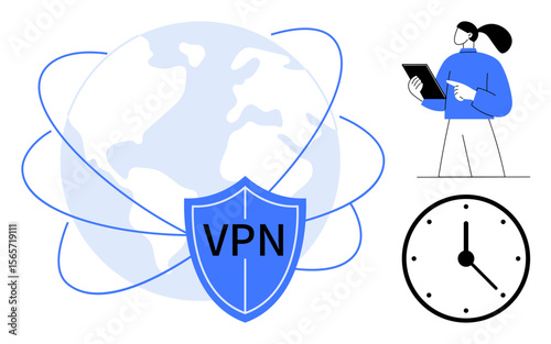 Earth surrounded by orbits and VPN shield symbol, woman holding tablet, analog clock. Ideal for online security, privacy, global connectivity, browsing tools, technology, productivity simple landing