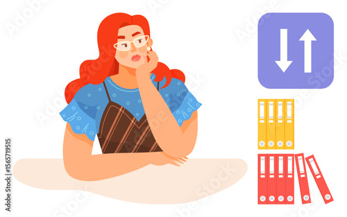 Woman with red hair and glasses in casual attire resting chin on hand near document folders and data transfer icon. Ideal for productivity, organization, multitasking, planning, workflow, data