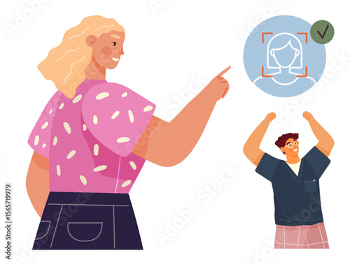 Woman pointing at verified face scan icon with man cheering in excitement. Ideal for technology, security, identity, biometrics, innovation, teamwork, approval. A simple flat metaphor