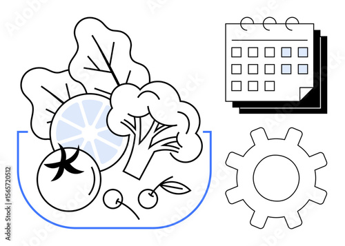 Fresh vegetables in a bowl, calendar for schedule tracking, and gear symbolizing process optimization. Ideal for healthy eating, meal planning, organization, wellness, productivity, time management
