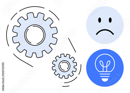Gears in motion, sad face indicating a problem, and a lightbulb symbolizing ideas and solutions. Ideal for innovation, creativity, problem-solving, teamwork, innovation strategy, business strategy