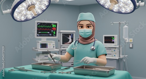 A skilled female surgeon, wearing a hijab and surgical attire, meticulously prepares instruments in a modern operating room.