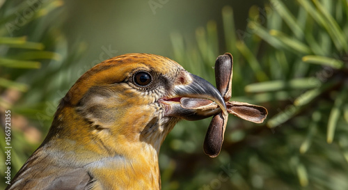 A vibrant crossbill finch skillfully manipulates a winged seed with its unique, specialized beak.