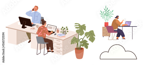 Office workers busy at desks with laptops, plants, and files alongside a remote worker utilizing cloud network. Ideal for teamwork, remote work, productivity, communication, business connection