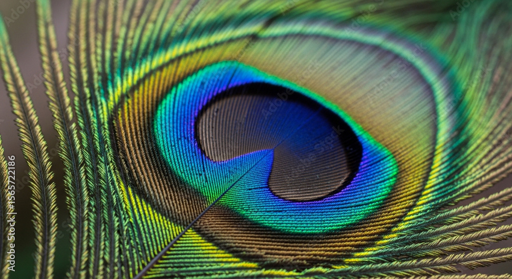 Naklejka premium A stunning close-up reveals the intricate patterns and shimmering iridescent colors of a single peacock feather.