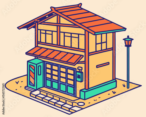 Isometric Illustration of a Colorful Modern House with Garden and Street Lamp for Architecture Blogs, Design Websites, Home Improvement Articles, and Real Estate Content  
