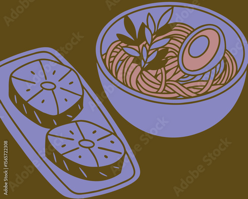 Illustrative Bowl of Noodles with Toppings and Side Dish for Food Blogs, Culinary Websites, Recipe Cards, and Nutrition Awareness Content  