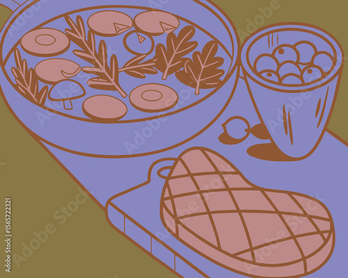 Illustrated Food Composition with Salad, Grilled Steak, and Fresh Olives for Healthy Eating Blogs, Recipe Cards, Home Cooking Websites, and Nutrition Education  