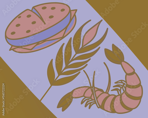 Abstract Illustration of Shrimp, Sandwich, and Leaves for Food Blogs, Culinary Websites, Restaurant Menus, Nutrition Education, and Modern Cooking Content  