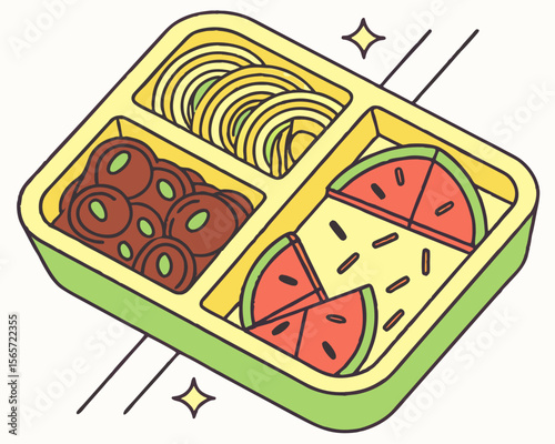 Colorful Bento Box with Slices of Watermelon and Vegetables for Food Blogs, Healthy Eating Websites, Lunch Ideas, Meal Prep Articles, and Social Media Food Content  